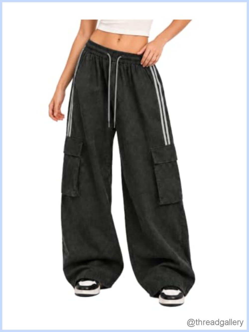 Womens Baggy Cargo Pants Wide Leg Drawstring Y2K Streetwear Trousers - Picture 1 of 6